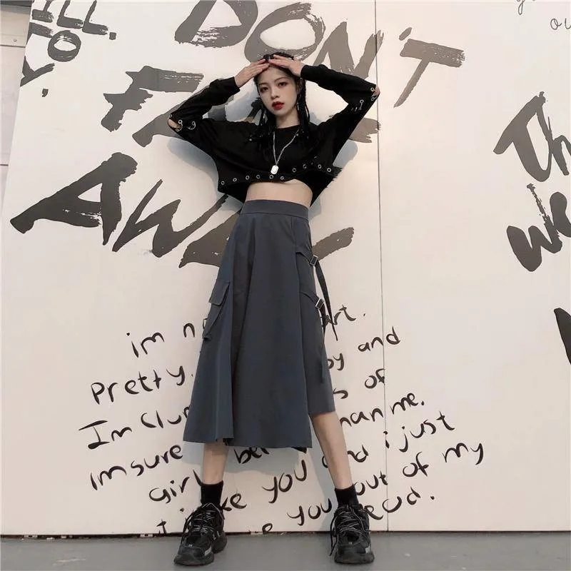 Gothic Punk Women High Waist Black Long Skirts With Pocket Harajuku Cool Girls Vintage Gray Irregular A-line Fashion Midi Skirts