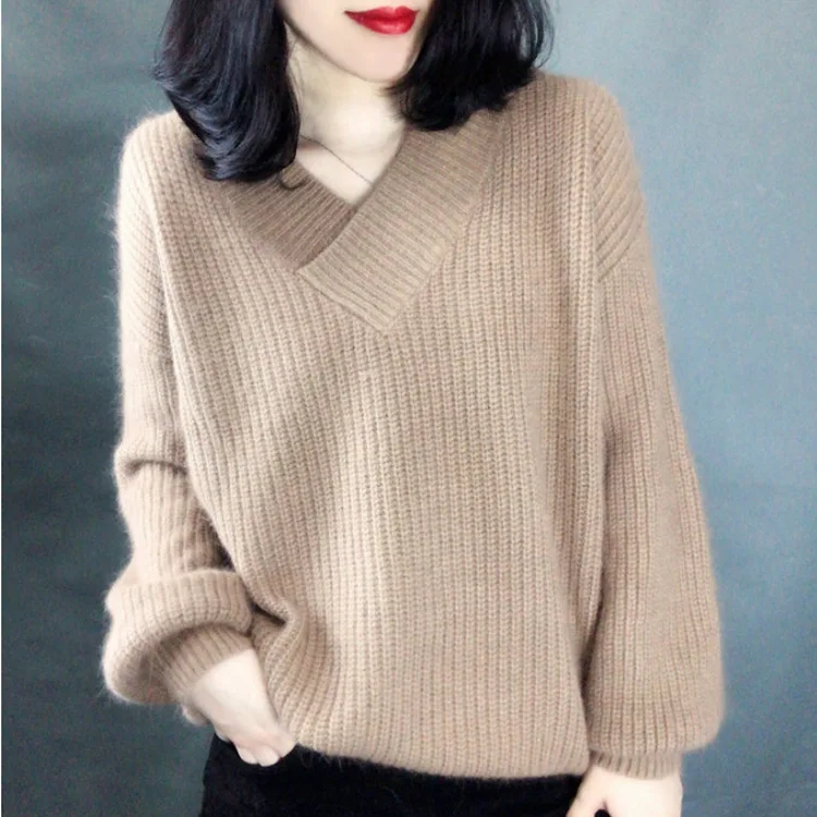 

Net red sweater women's loose cover lazy wind short V-neck cashmere sweater autumn and winter 2019 versatile knitting bottomer