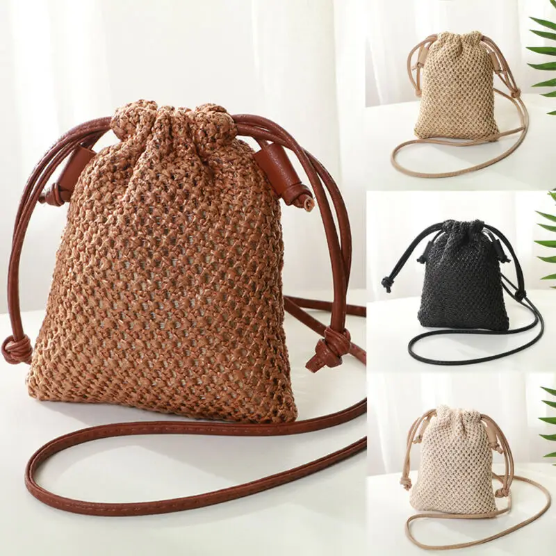 

New Women Girl Casual Bohemian Straw Woven Bag Rattan Wicker Handbag Beach Crossbody Drawstring Bags