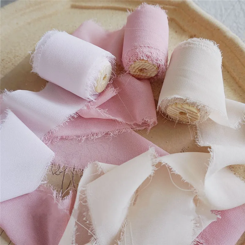  3pcs Frayed Chiffon Silk Ribbon with Wood Spool 4cmx5m Wedding Invitation Bouquets Handmade Ribbon 