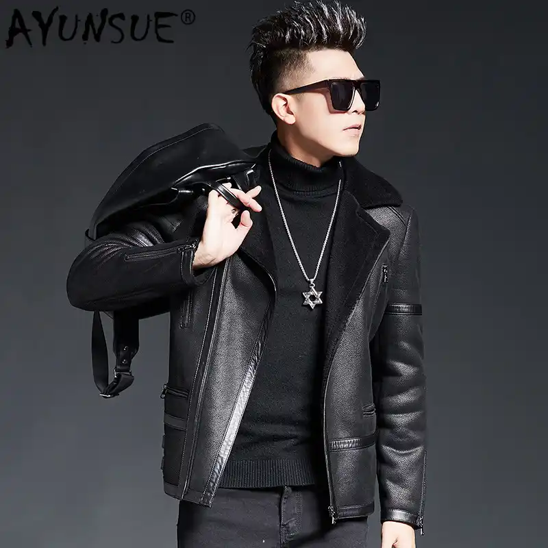 Ayunsue Genuine Leather Jacket Men Sheepskin Coat Autumn Winter Motorcycle Biker Jacket Slim Fit Wool Mens Leather Jackets 1726 Genuine Leather Coats Aliexpress