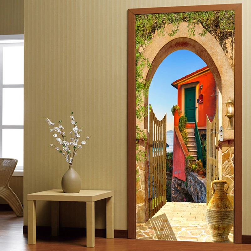 3D Wallpaper Door Sticker European Style Stone Arch Street View Living Room Restaurant PVC Self-Adhesive Waterproof 3 D Stickers shower curtain view of old mediterranean street with stone rock houses in italian city rural print cloth fabric bathroom curtain