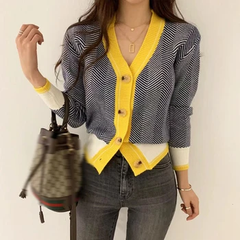 

2020 new Spring Knitted Cardigans Women Tops Autumn Ladies Vintage Single Breasted Pinstripe V Neck Sweater Cardigan Coat SW35
