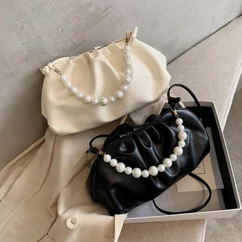 

Women Fashion Clutch Bag Ladies Pearl Chain Shoulder Bag Trendy Crossbody Messenger Shoulder Bag Simple Female PU Leather Bag