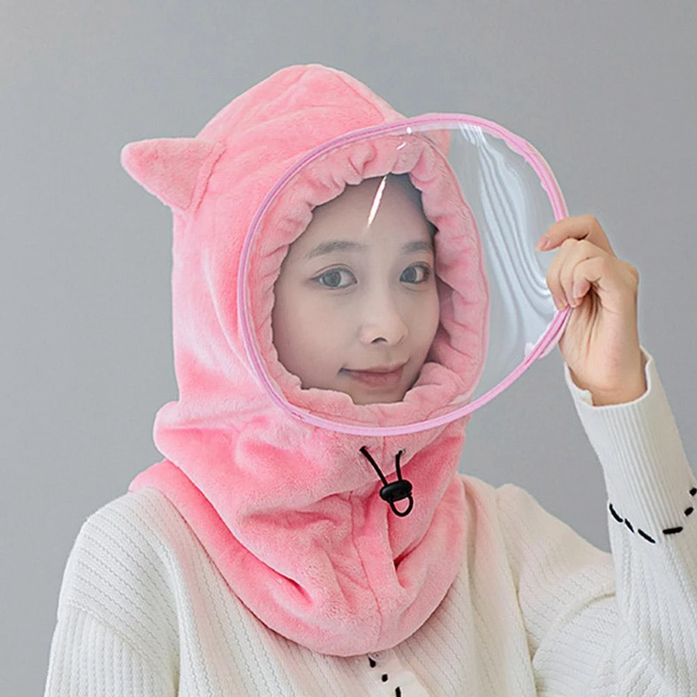 Cute Bear Ears Warm Hat Beanies Neck Scarf Hats with Windproof Mask Breathable Winter Soft Plush Cap for Women Children Adult