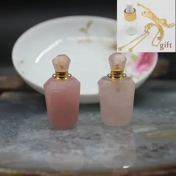 

Plated Gold Rose Quartzs Perfume Bottle Pendants,Faceted Pink Crystal Gems Stone Essential Oil Diffuser Necklace Charms Jewelry