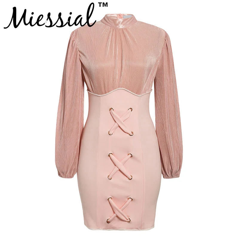 Miessial, розовое вязаное Бандажное винтажное платье, женские элегантные вечерние платья с длинным рукавом, осенне-зимнее сексуальное облегающее мини-платье