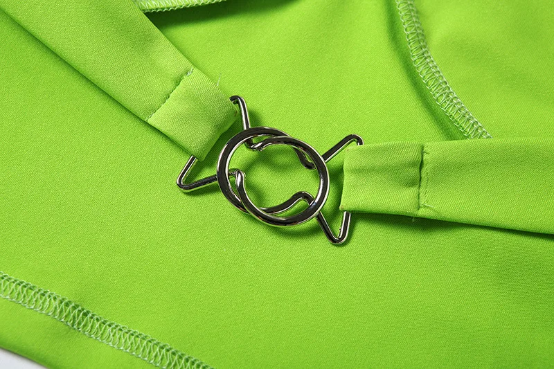 BOOFEENAA, сексуальный женский комплект 2 шт., неоновый, зеленый, с цепочкой, короткий топ на бретелях и расклешенные штаны, подходящие комплекты, Rave, Клубные наряды, C87-AE47