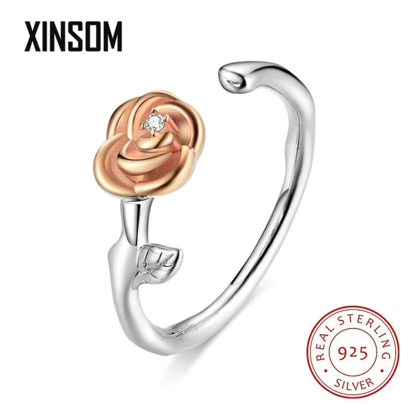 

XINSOM Rose Flower Opening Adjustable Finger Rings For Women Real 925 Sterling Silver Rings Party Wedding Jewelry Gift 20XS1226