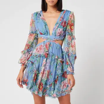

Paris Girl Beach Sexy Bodycon Holiday Dress Woman Blue Print Floral V-Neck Spaghetti Strap Cross Backless Fashion Mini Dresses