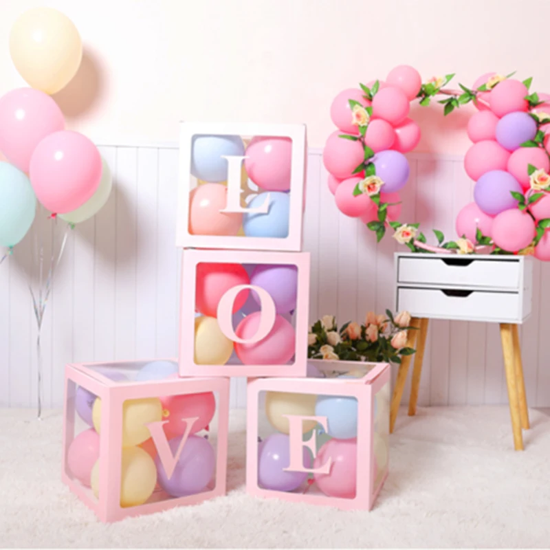 4 шт. прозрачные коробки с буквами, воздушные шары, рождественские подарочные коробки, вечерние кубики для дня рождения, детские товары для свадьбы, украшения для девочек