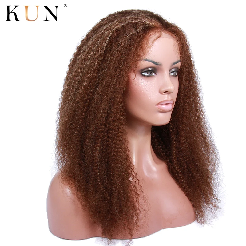 4 светло-коричневые кудрявые человеческие волосы парик фронта шнурка бразильский 150% плотность Remy 13x6 парики фронта шнурка человеческих волос для женщин