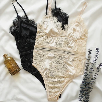 

Women sexy jumpsuits Lace Onesies Halter Temptation Perspective Sleeveless Jumpsuit Deep-V One-piece Neck Bodysuit new