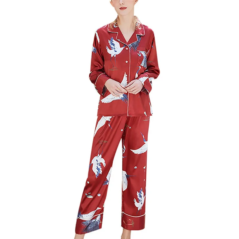 Женский Пижамный костюм, топ+ штаны, женская одежда для сна, длинный рукав, ночная рубашка с принтом, Атласный топ, брюки, наборы, Ensemble de pyjama - Цвет: Wine Red