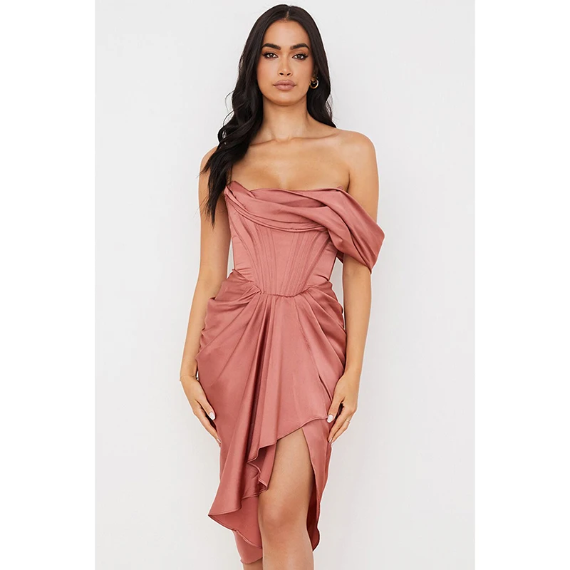

2021 Summer Pink Sexy One Shoulder Pleated Vintage Satin Dress Casual Slim Women Party Dresses Vestidos De Festa Club Robe 70216