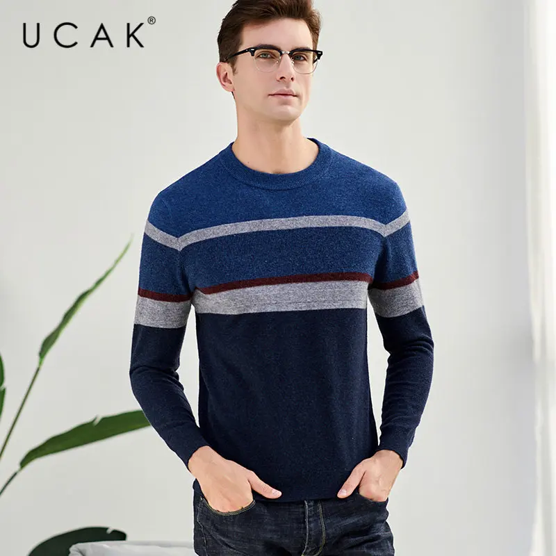 UCAK Brand Merino Wool Sweater Men Fashion Casual Big Striped O-Neck Pull Homme Autumn Winter Thick Cashmere Pullover Men U3042