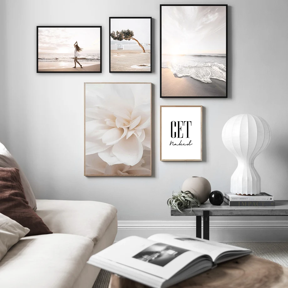 Sea Beach Flower Tree Stone Girl Seascape Wall Art Canvas Painting Nordic Posters And Prints Wall Pictures For Living Room Decor