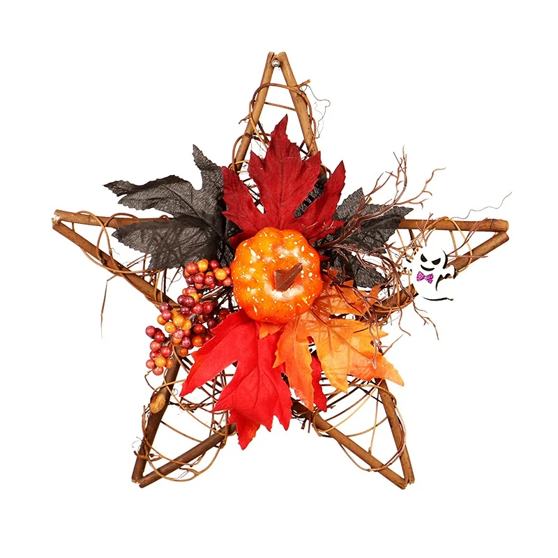 

Hot Halloween Decoration Star-Shaped Wooden Frame Artificial Flowers Garland Accessories Wreath Hanging Festival Props Decor