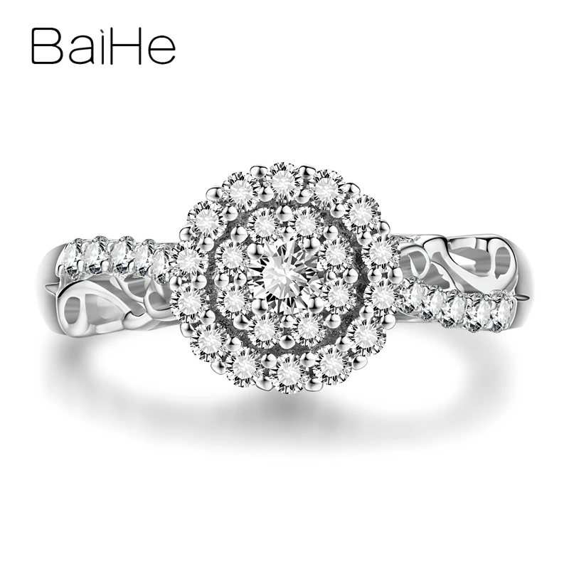 BAIHE, 18 К, белое золото, всего 0,52ct, сертифицировано H/SI, Круглый, с натуральными бриллиантами, для свадьбы, для женщин, модное, хорошее ювелирное изделие, подарок, роскошное кольцо