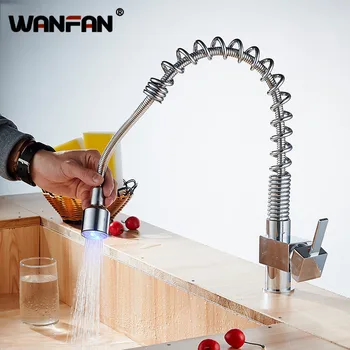 

Modern Led Spring Pull Down Kitchen Faucet Chrome Finish Single Handle 360 Swivel Handheld Faucet Hot Cold Mixer Crane Tap 22016