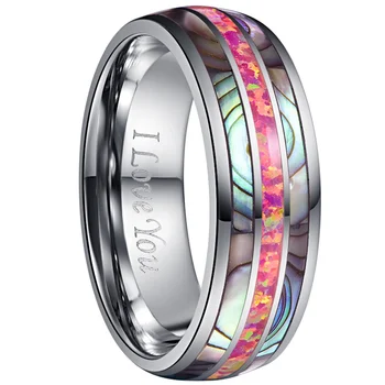 

2019 tungsten carbide ring 8mm wide dome steel inlaid with two acacia + deep magenta opal tungsten steel ring wedding band