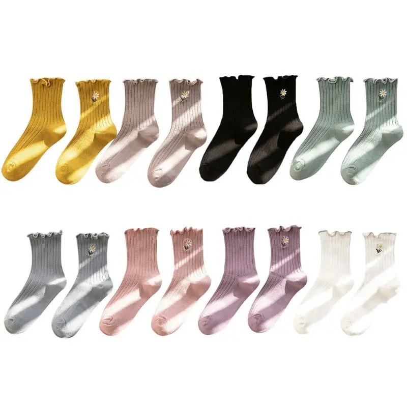 

Women Girl Daisy Floral Embroidery Ankle Socks Candy Color Ruffles Cuffs Ribbed Vertical Striped Casual Mid Tube Hosiery