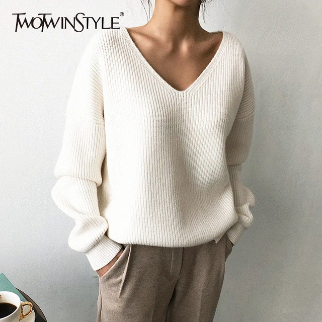 Deuxtwinstyle tricoté coréen automne chandail pour les femmes col en V à manches longues irrégulière ourlet femelle chandails surdimensionné mode nouveau 2019 