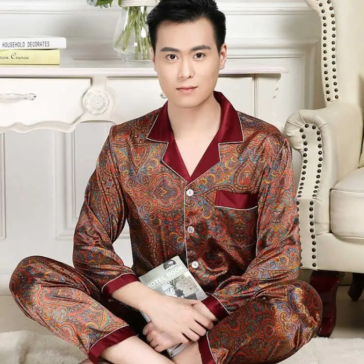 

Luxury Silk Pajamas For Mens Royal Satin Suit For The House Mens Printed Pajamas Cashew Flowers Summer Set Man Loungewear Gold