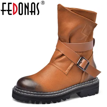 

FEDONAS New Metal Buckle Women Ankle Boots Female Punk Motorcycle Boots Warm Genuine Leather Short Boots Night Club Shoes Woman