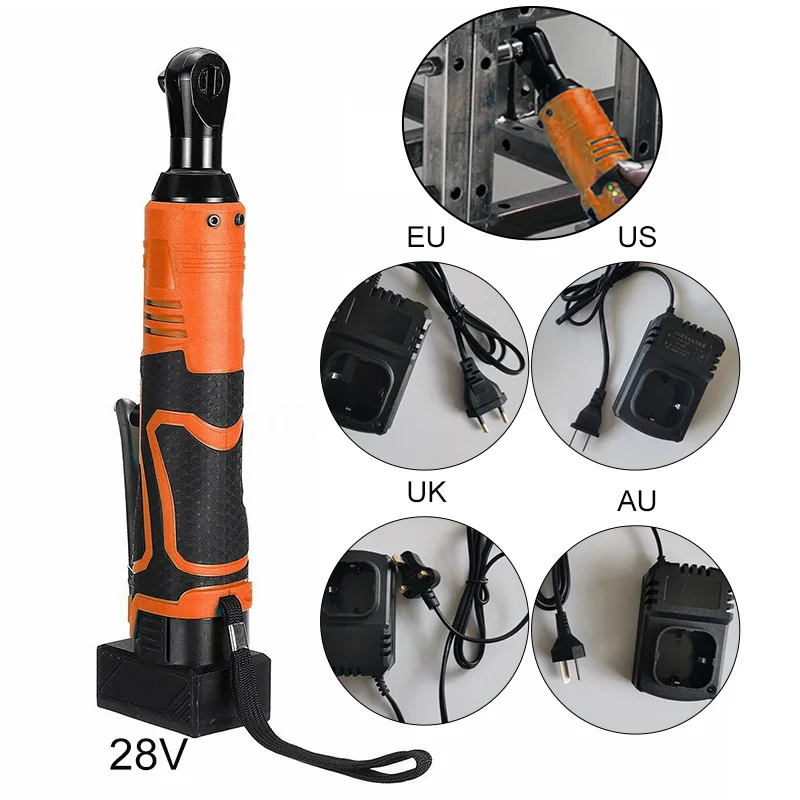 

1*Right Angle Wrench+1*Battery+1*Charger 28V 3/8 85Nm LED Electric Cordless Ratchet Right Angle Wrench w/ Battery Charger