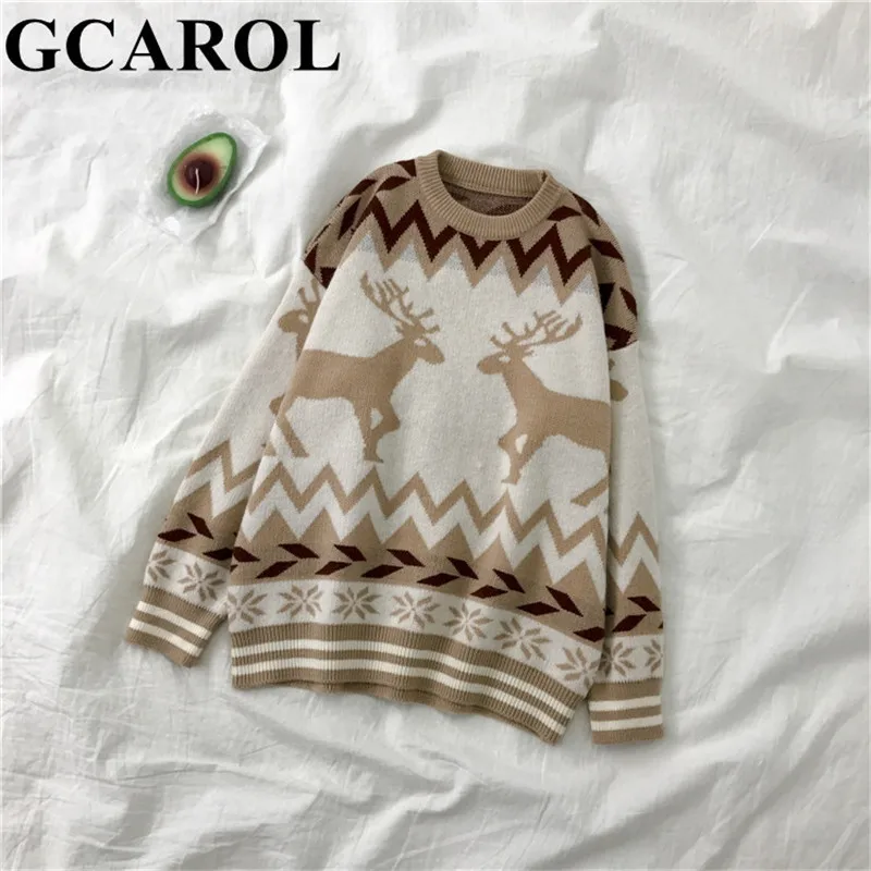 Хаки GCAROL, новинка, Зимний Рождественский женский свитер с лосем, негабаритный, с заниженным плечом, с геометрическим рисунком, красивый стиль, толстый вязаный джемпер, свитер для ленивых - Цвет: Хаки