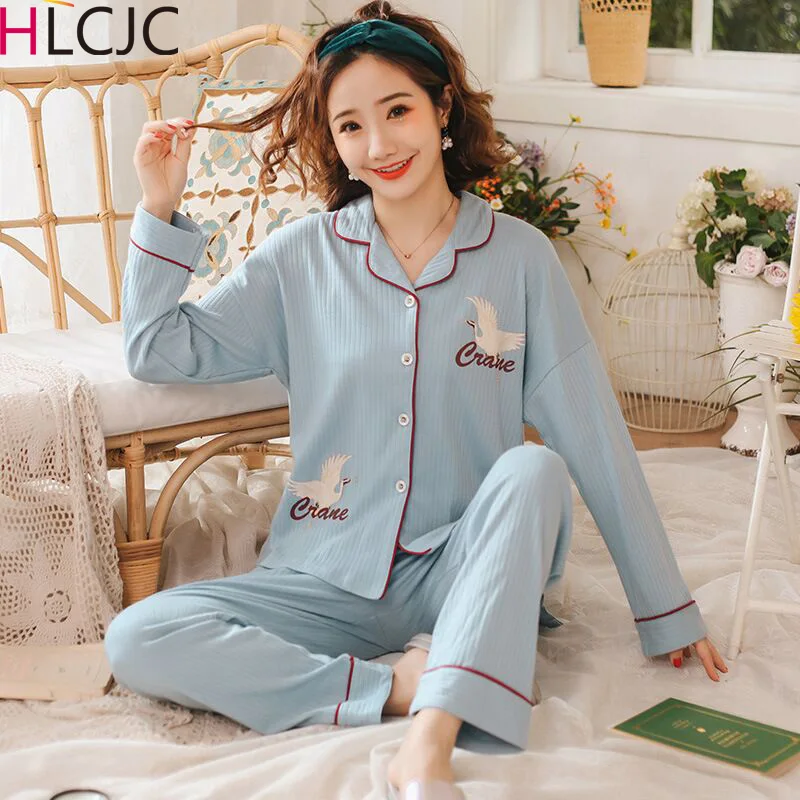 

Red-crowned Crane Pajama Sets Women 100% Cotton Long Sleeve Casual Sleepwear Women Pyjamas Winter Pyjama Femme Hot Sale 2019