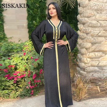 Siskakia Fashion Muslim Hijab Dress Eid 2021 Elegant Women Black Diamond Ribbon Moroccan Kaftan Turkey Arabic Islamic Clothing 1