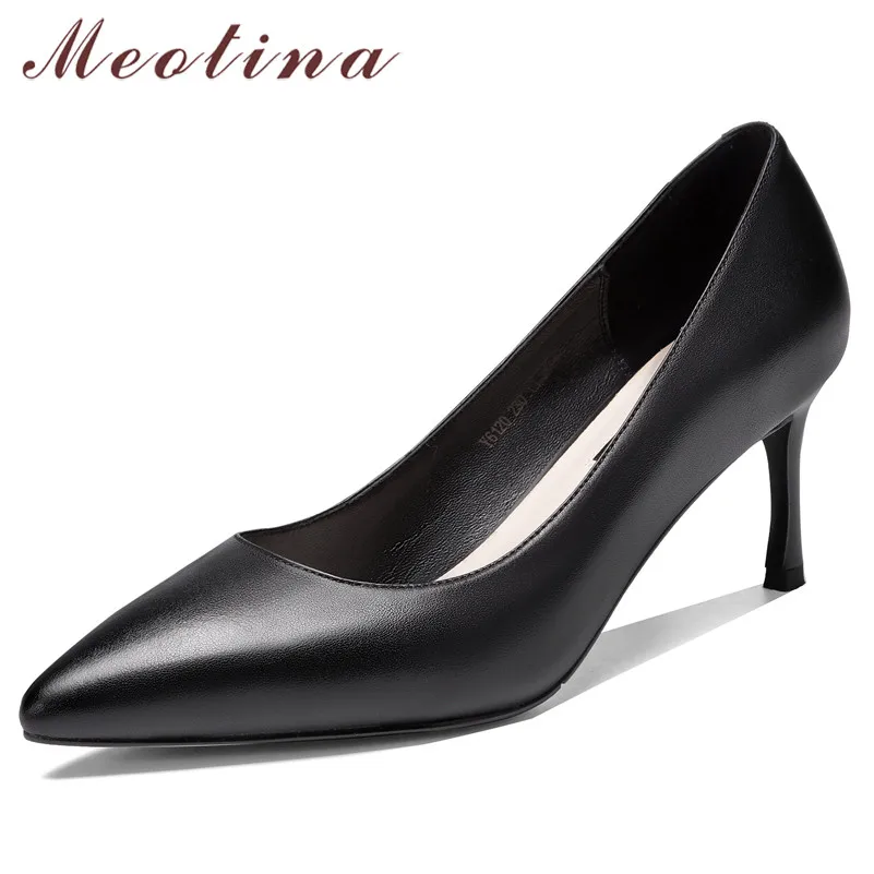 

Meotina High Heels Women Pumps Natural Genuine Leather Thin High Heels Shoes Real Leather Pointed Toe Office Lady Shoes Size 39