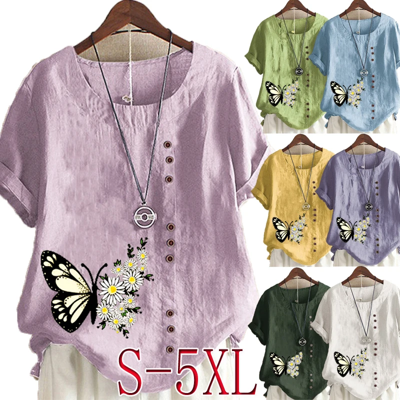 

Women's New Fashion Summer Floral Prined Round Neck Short Sleeve T-shirt Casual Loose Solid Color Blouse Tops Plus Size