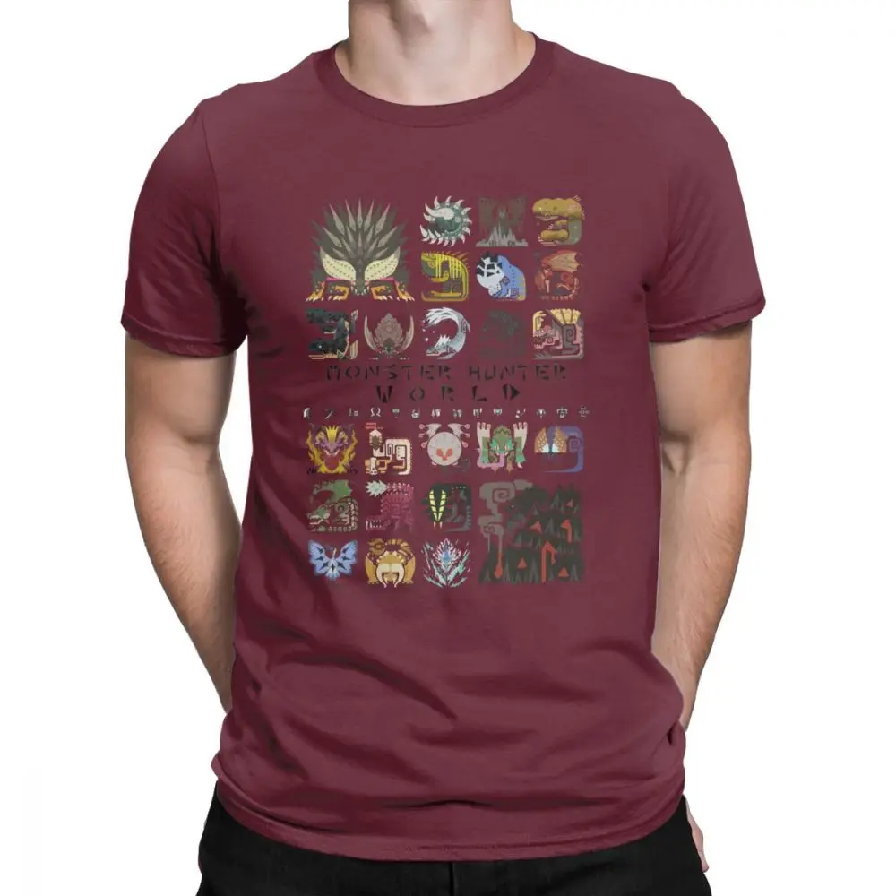 Мужские футболки Monster Hunter World, Винтажная футболка из чистого хлопка, футболки с коротким рукавом, круглый воротник, одежда размера плюс 4XL 5XL - Цвет: Бургундия