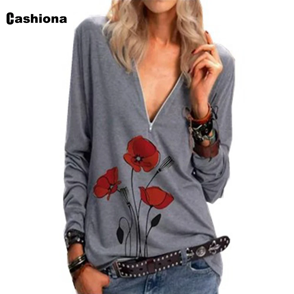 

Plus Size 3XL Women Zipper Tops New Spring Autumn Long Sleeve Flower Print Female T-Shirt Casual Tees Shirt Womens Clothing 2021