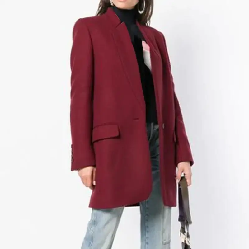 Женское шерстяное пальто, тонкая однотонная верхняя одежда, однотонное пальто со стоячим воротником и карманами для офиса и отдыха, Осень-зима, женские пальто