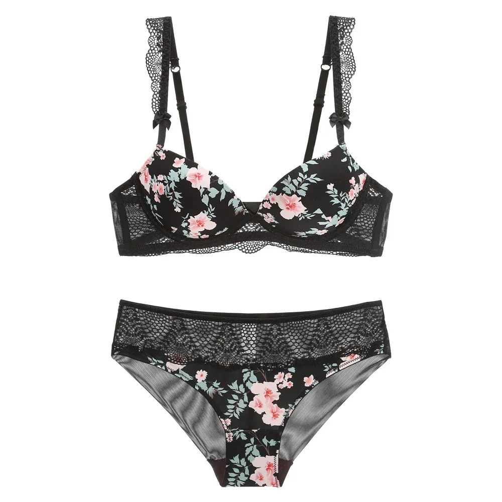 New Printed Lingerie Bra Set Lace flower pattern Comfortable, with a chest pad, with a steel plate комплект нижнего белья