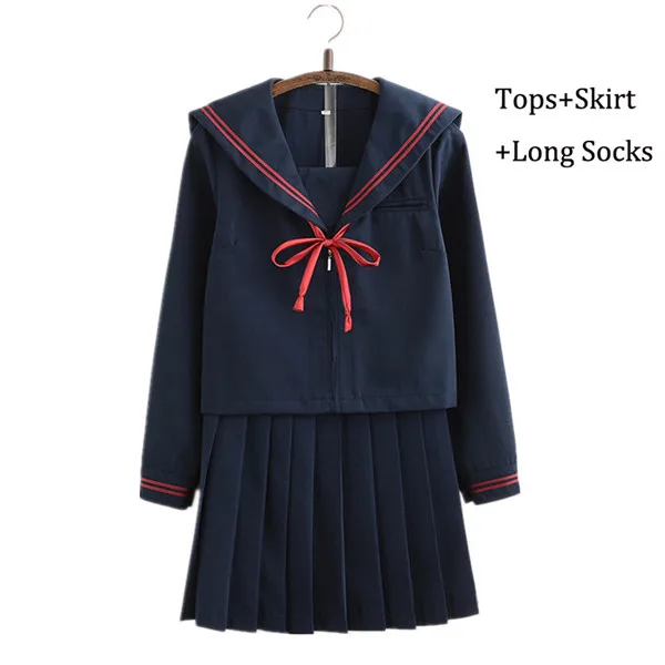 sets and long socks Военно-морской флот японская школьная форма для девочек с длинным рукавом Демисезонный в морском стиле топы плиссированная юбка комплекты Косплэй костюм JK Серии подарки - Цвет: sets and long socks