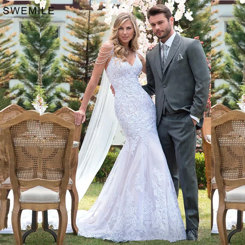 Роскошное кружевное свадебное платье русалки 2020 романтическое с жемчужинами на