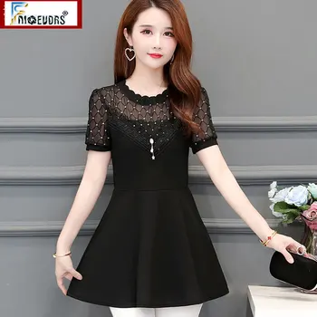 

2020 Summer Tunic Peplum Tops Women Fashion European Style Fnioevdrs Design Shirt Patchwork Sheer Lace Sexy Black Top Blouse A17