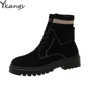 

Women Winter Warm Martin Ankle Boots Fashion punk Plus velvet Lace Up Shoes 2020 Autumn New Black Socks stitching Bota chelsea