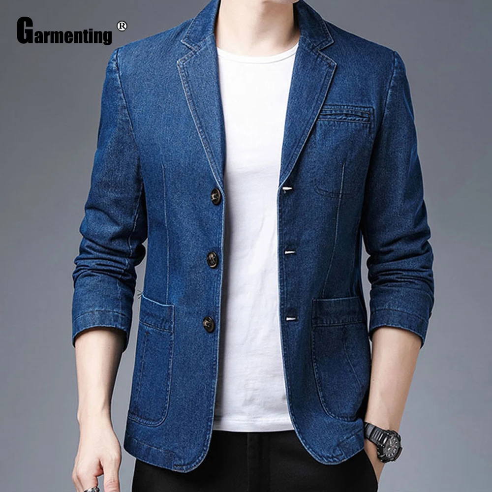 Garmenting 2021 New Spring Mens Skinny Denim Jackets Casual Fashion Jean Denim Jacket Lepal Collar Coats Men Clothing Plus Size sexy fringed ripped jeans demin jumpsuits plus size women lepal collar denim overalls skinny trouser 2021 hollow out bodysuits