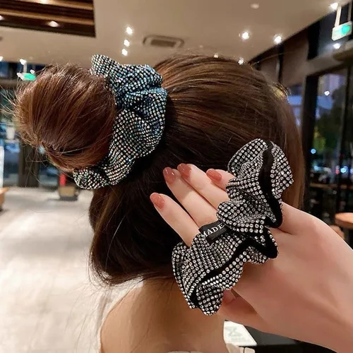 패션 라인 석 여성 실크 Scrunchie 탄성 수제 헤어 블랙 밴드 포니 테일 홀더 머리띠 헤어 액세서리 2