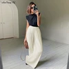 Mnealways18 Beige ancho plisado pantalones de pierna de la mujer Pantalones de moda 2022 Casual pantalones sueltos Oficina dama elegante Palazzo largo Pantalones ► Foto 2/6