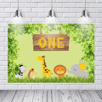 

Cartoon Elephant Lion Tiger Giraffe Tree Safari Party Backdrop Green Children Happy Birthday Photography Photo Background