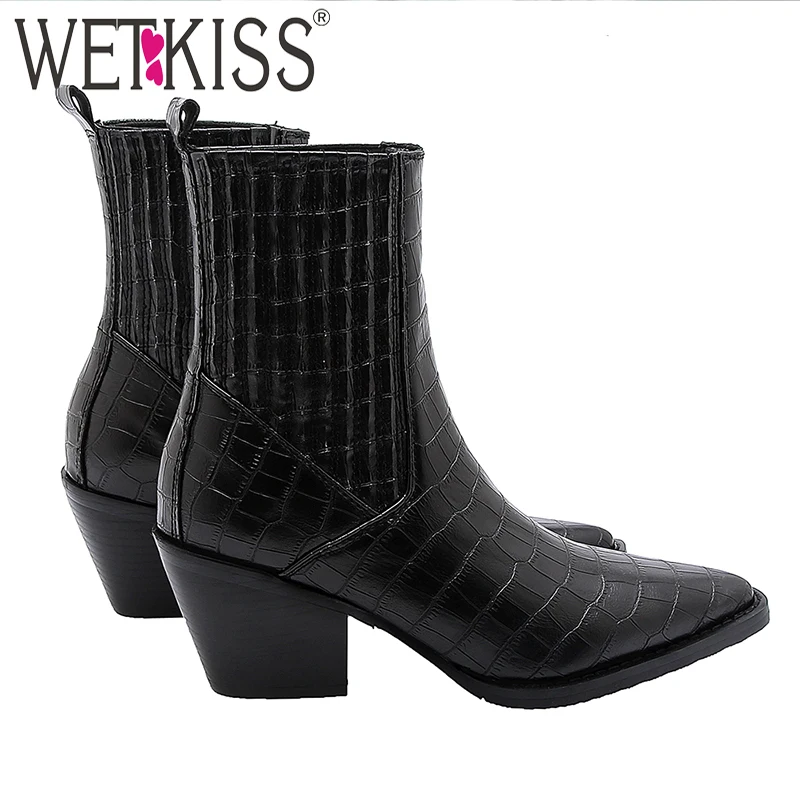 WETKISS/ковбойские ботинки из искусственной кожи с тиснением; женские ботильоны; женская обувь на высоком толстом каблуке; женская обувь с острым носком; Новинка года; сезон зима