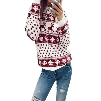 

Women Christmas Long Sleeve Knitted Sweater Pullovers Round Neck Loose Pullover Sweater