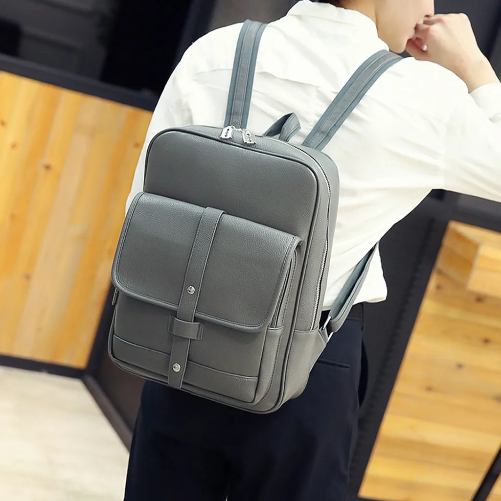 

Unisex Pure Color Gray Brown Square PU Men Backpack Simple Bag Computer Bag Large Capacity Student Traveling Outdoor Schoolbags